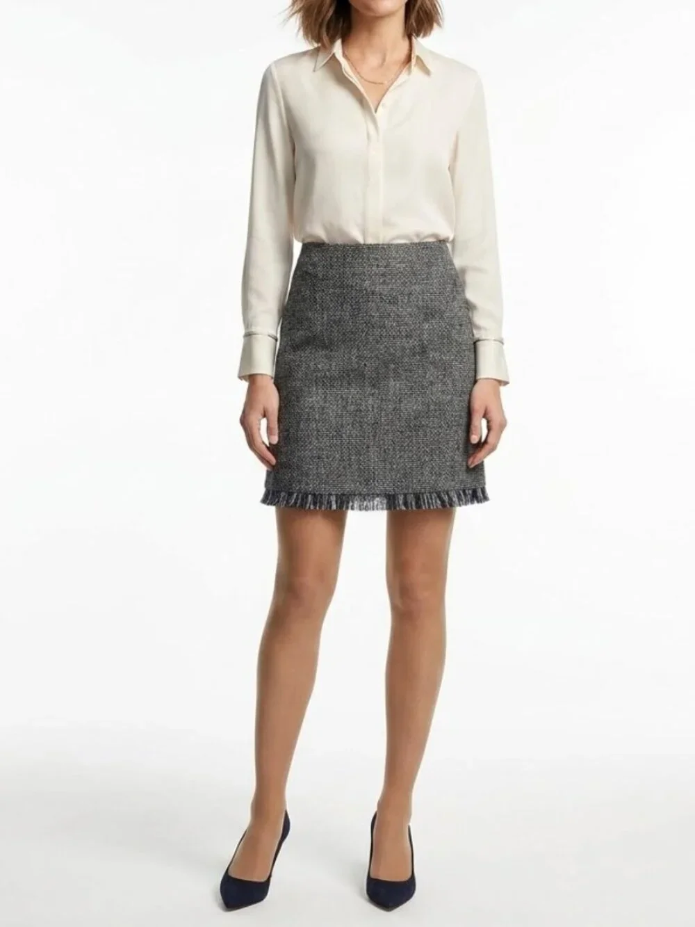 BANANA REPUBLIC Dark Academia Tweed Mini Skirt Navy Blue Fringe Boucle Coquette
